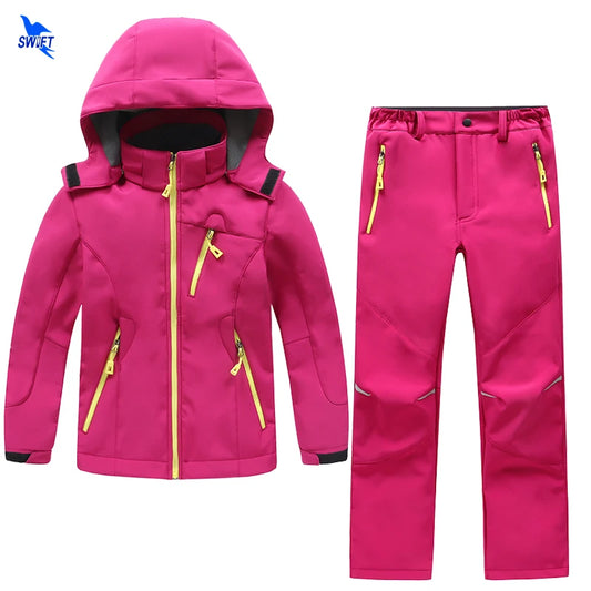 2 Pcs Outdoor Waterproof Kids Softshell Hiking Clothing Boys Girls Winter Fleece Jacket+Pants Skiing Camping Trekking Sport Suit
