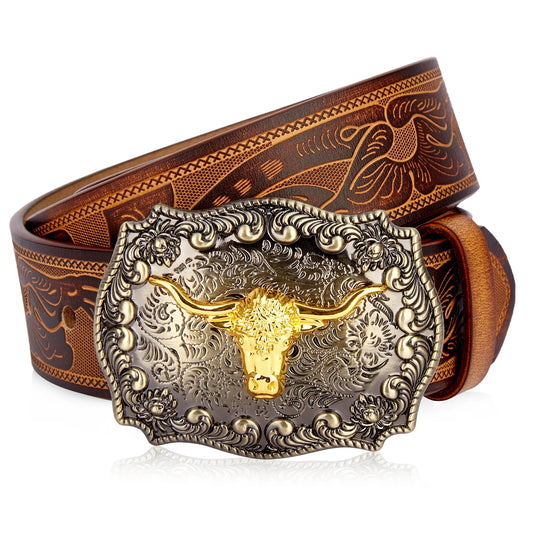 BISON DENIM Men's Western Cowboy Belt Longhorn Bull Pattern Buckle Floral Genuine Leather Engraved Belts For Men Free Shipping